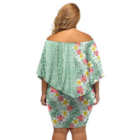 Menthol Green Aloha Hawaii Tiki Family Matching Off Shoulder Short Dress and Hawaiian Shirt Tropical Plumeria - Seamless Style