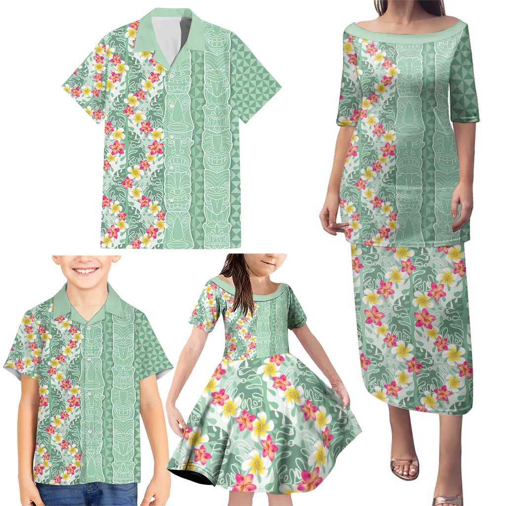 Menthol Green Aloha Hawaii Tiki Family Matching Puletasi and Hawaiian Shirt Tropical Plumeria - Seamless Style