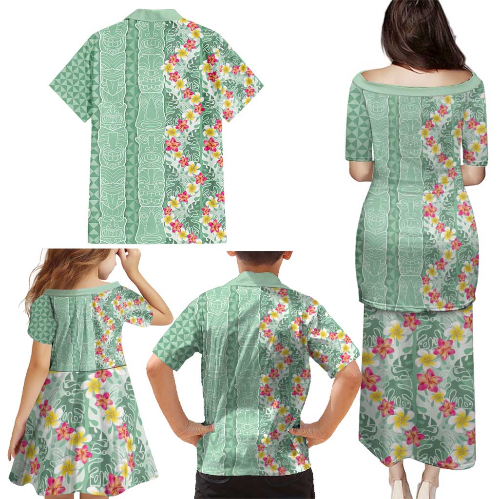 Menthol Green Aloha Hawaii Tiki Family Matching Puletasi and Hawaiian Shirt Tropical Plumeria - Seamless Style
