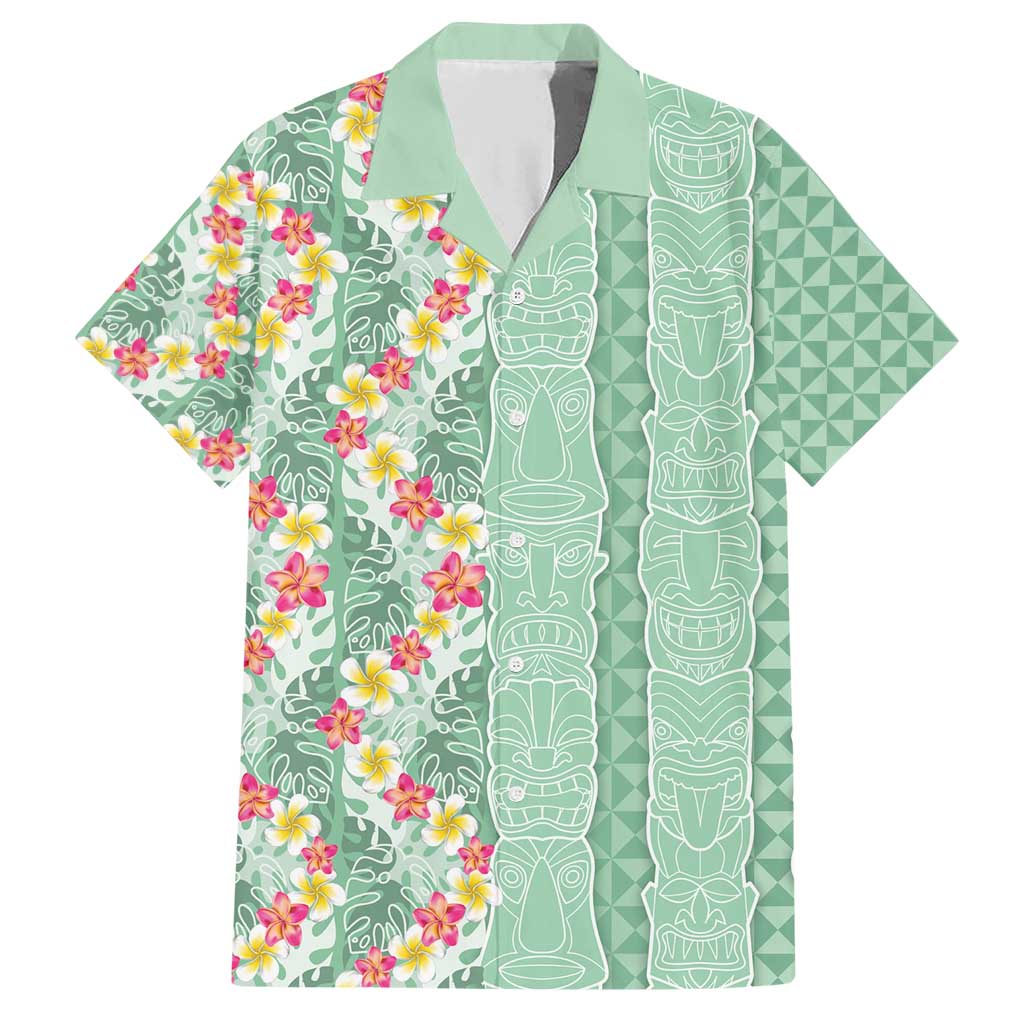 Menthol Green Aloha Hawaii Tiki Family Matching Short Sleeve Bodycon Dress and Hawaiian Shirt Tropical Plumeria - Seamless Style