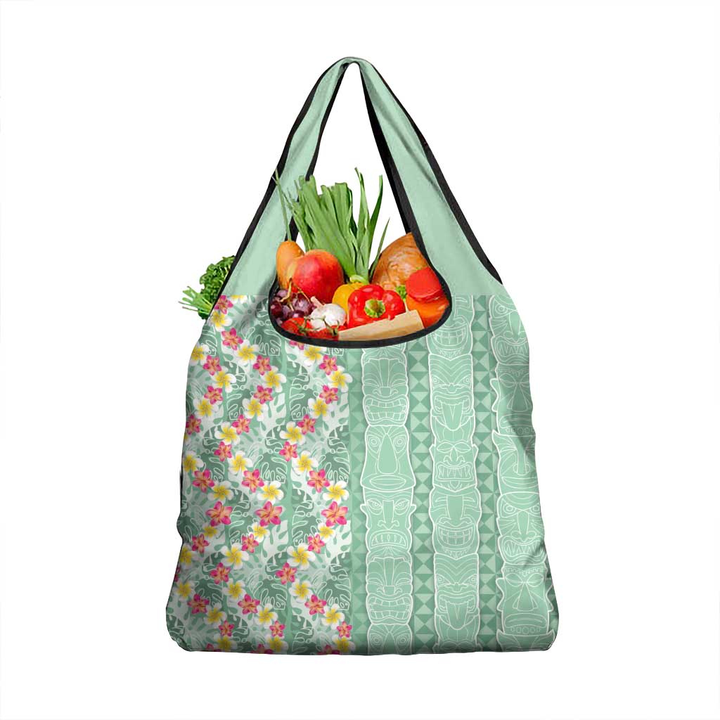 Menthol Green Aloha Hawaii Tiki Grocery Bag Tropical Plumeria - Seamless Style