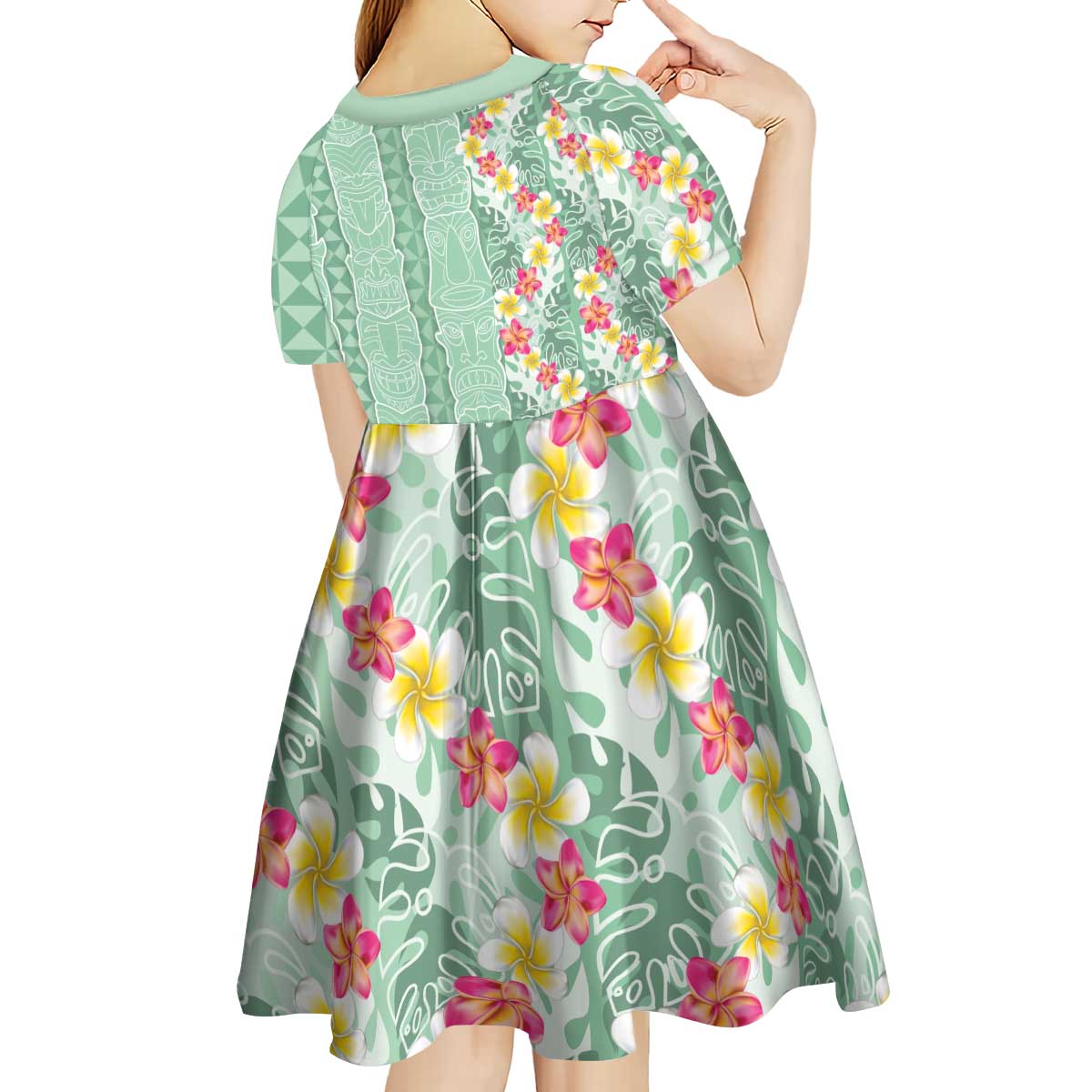 Menthol Green Aloha Hawaii Tiki Kid Short Sleeve Dress Tropical Plumeria - Seamless Style