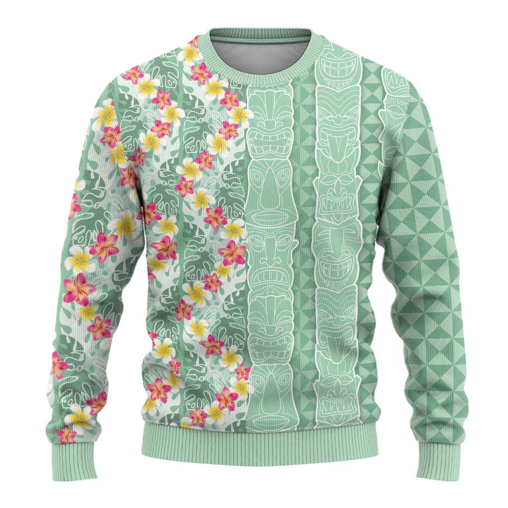Menthol Green Aloha Hawaii Tiki Ugly Christmas Sweater Tropical Plumeria - Seamless Style