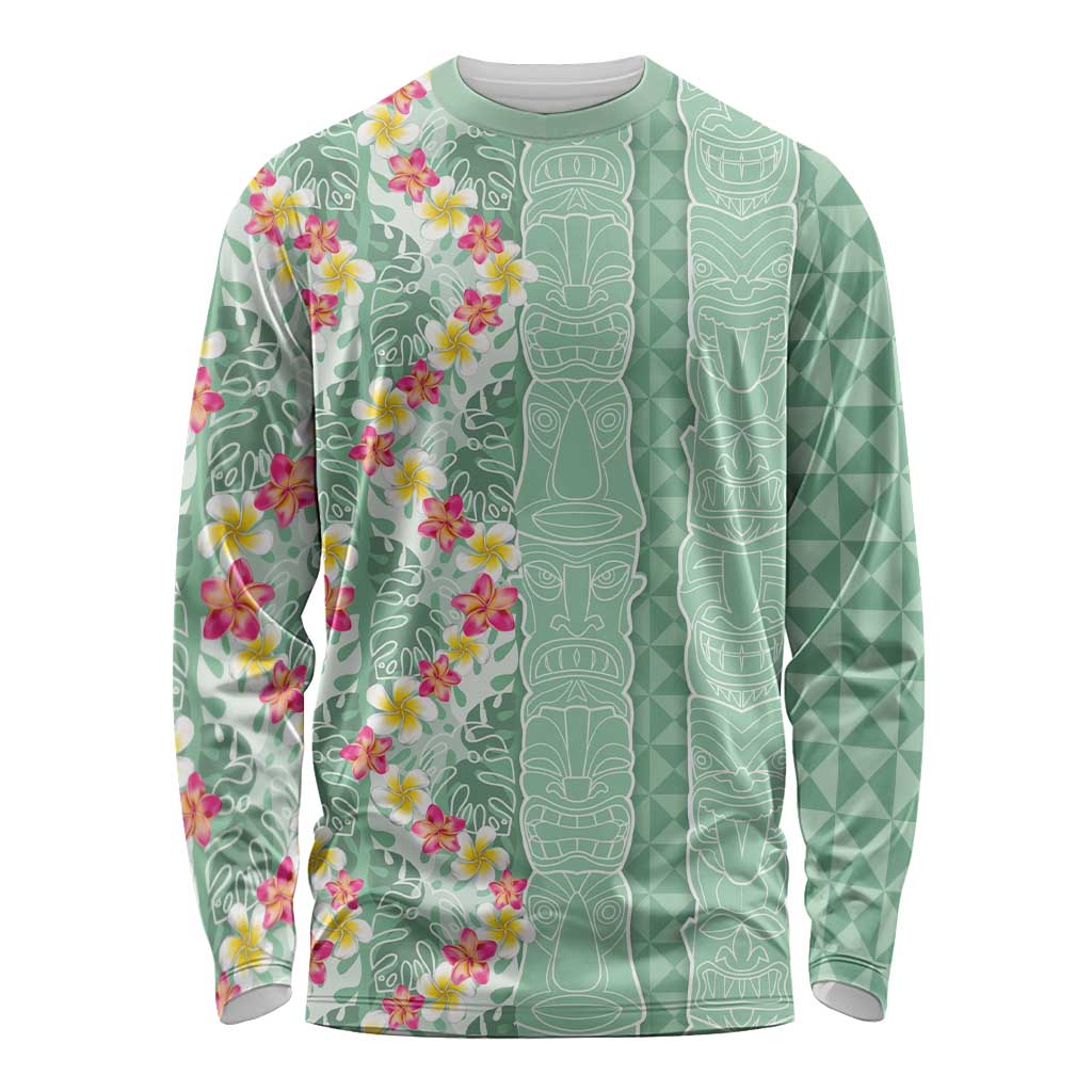 Menthol Green Aloha Hawaii Tiki Long Sleeve Shirt Tropical Plumeria - Seamless Style