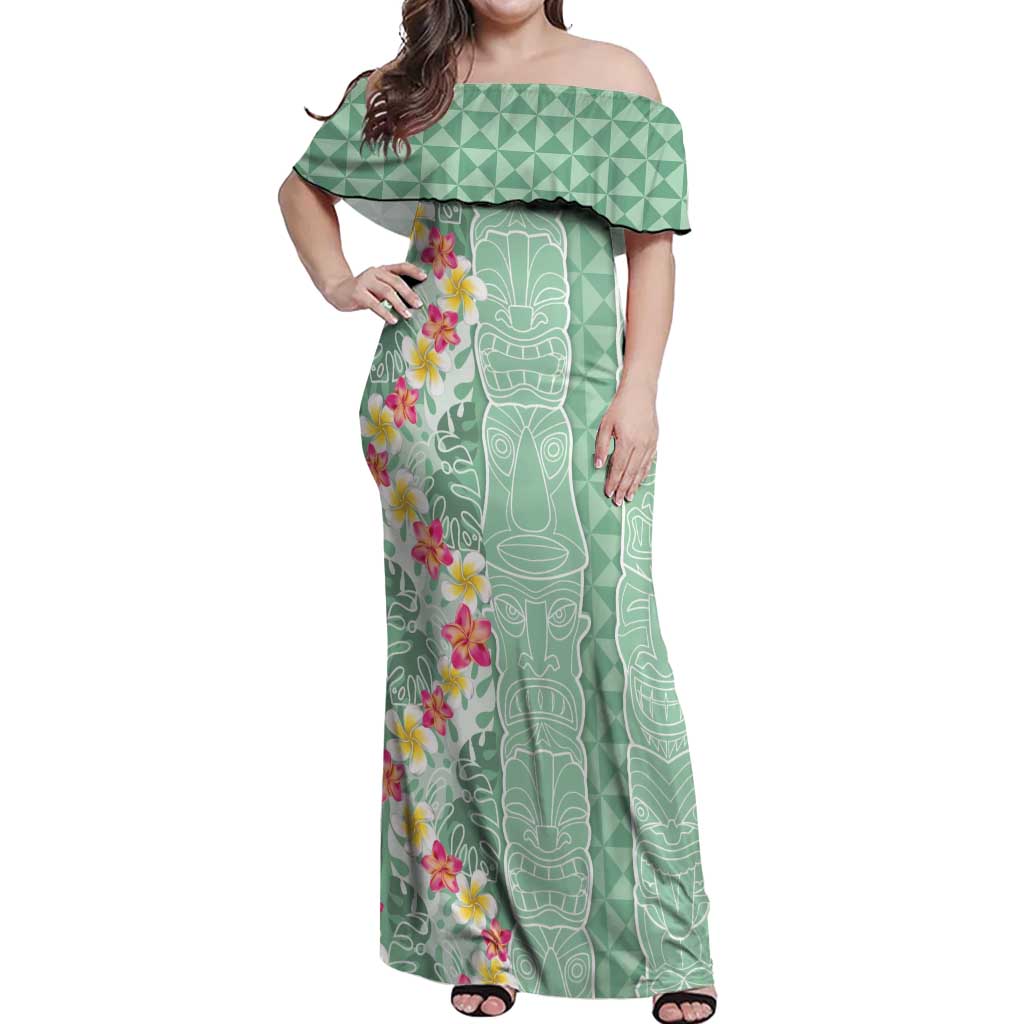 Menthol Green Aloha Hawaii Tiki Off Shoulder Maxi Dress Tropical Plumeria - Seamless Style