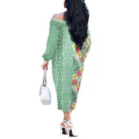 Menthol Green Aloha Hawaii Tiki Off The Shoulder Long Sleeve Dress Tropical Plumeria - Seamless Style