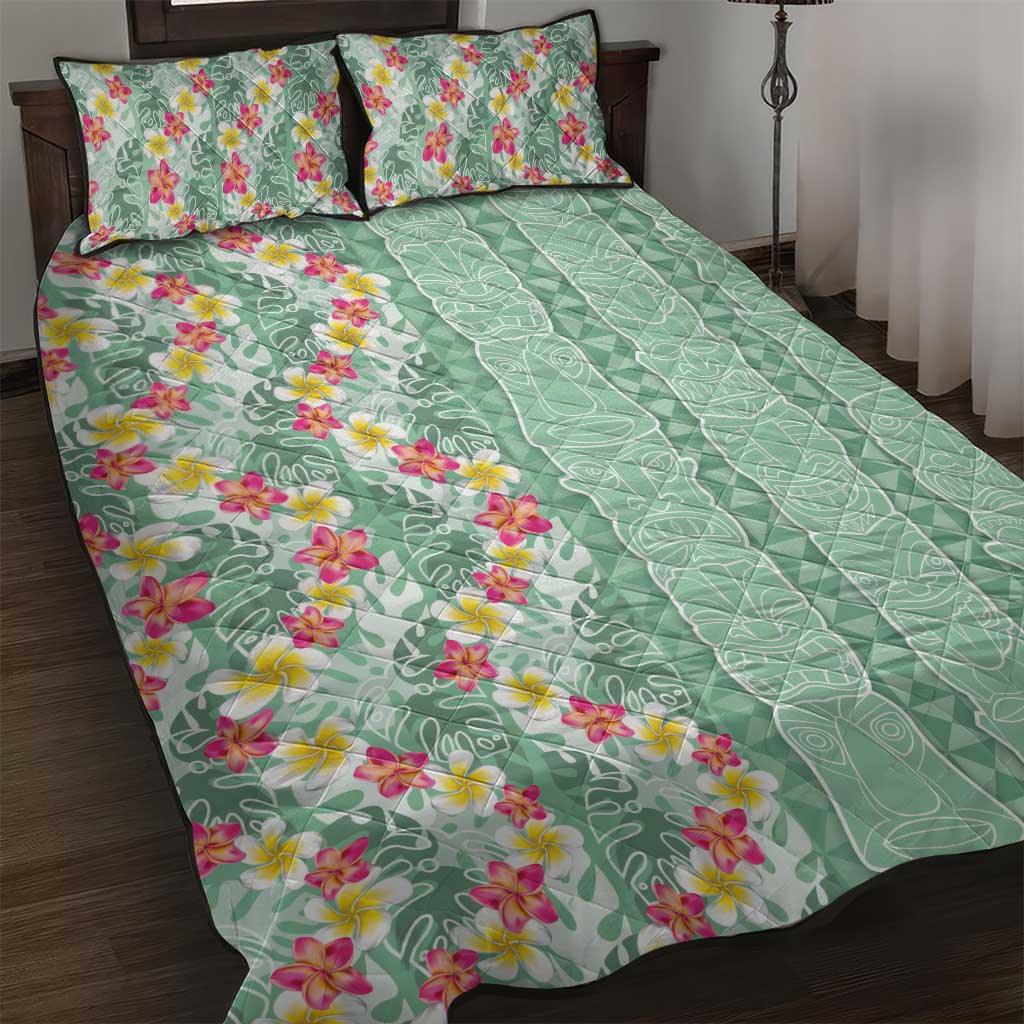 Menthol Green Aloha Hawaii Tiki Quilt Bed Set Tropical Plumeria - Seamless Style