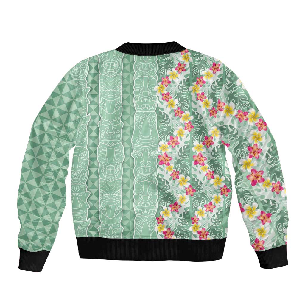 Menthol Green Aloha Hawaii Tiki Sleeve Zip Bomber Jacket Tropical Plumeria - Seamless Style