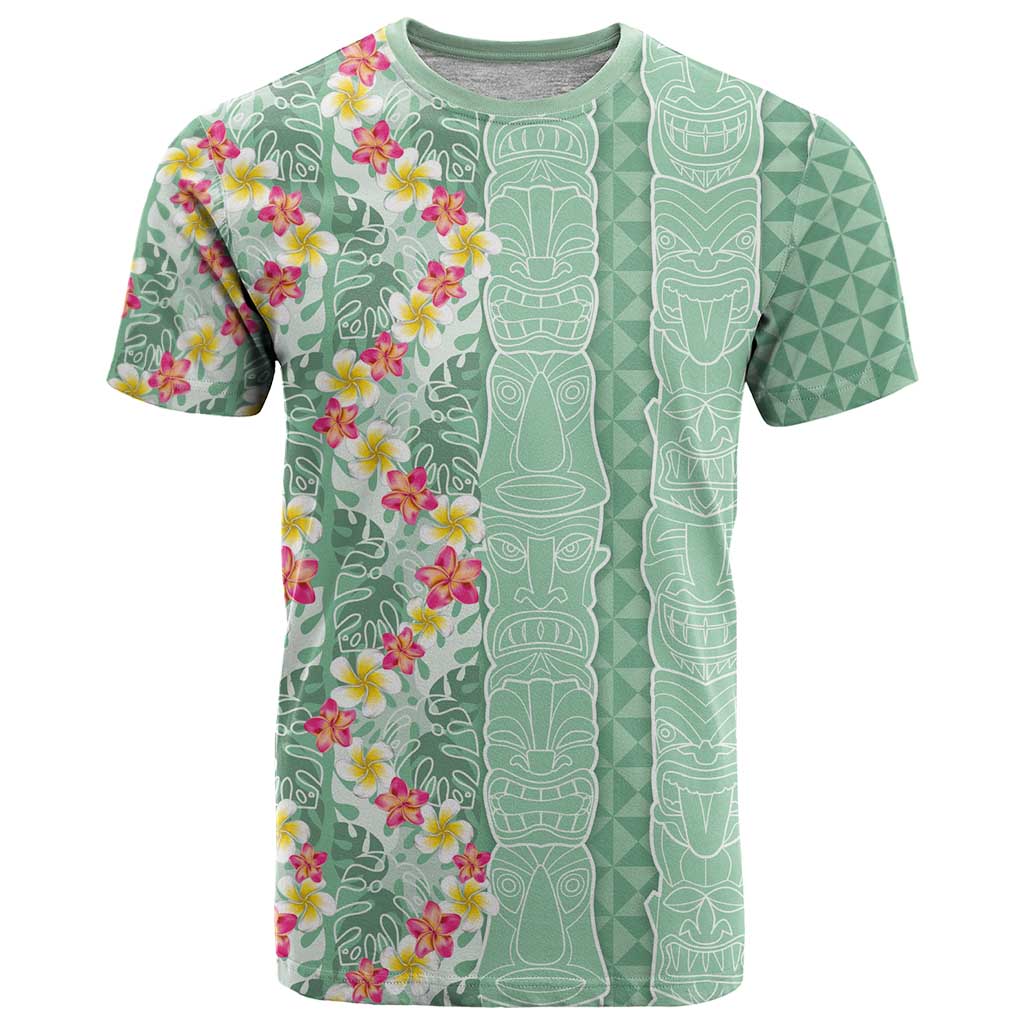 Menthol Green Aloha Hawaii Tiki T Shirt Tropical Plumeria - Seamless Style