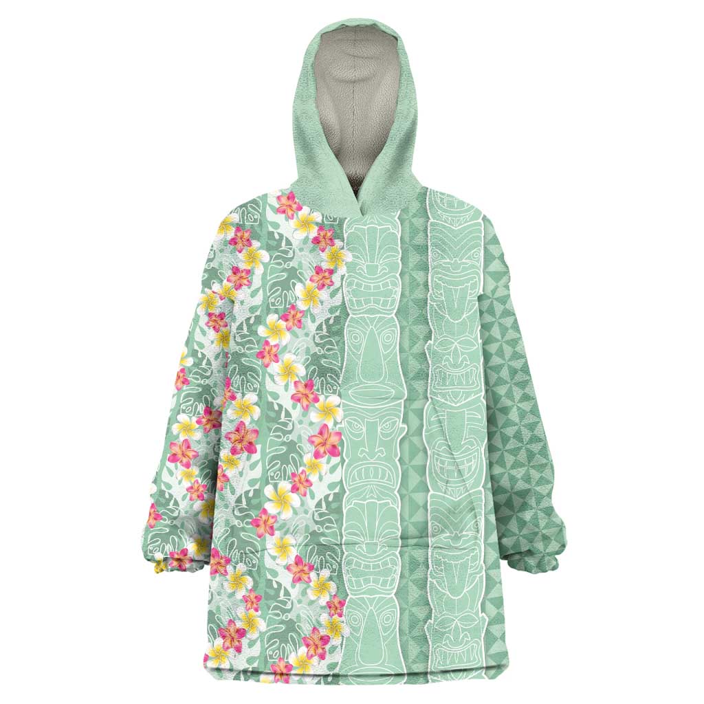 Menthol Green Aloha Hawaii Tiki Wearable Blanket Hoodie Tropical Plumeria - Seamless Style