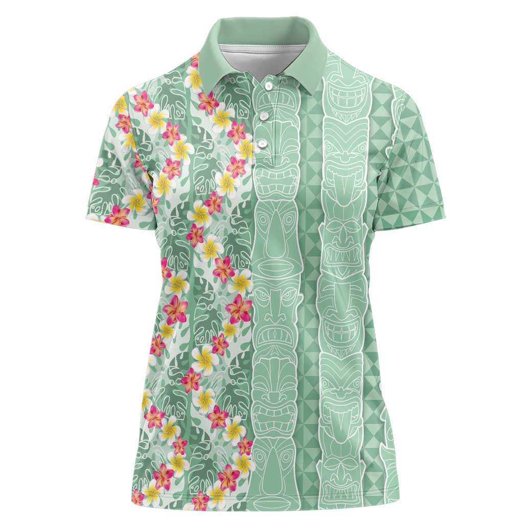 Menthol Green Aloha Hawaii Tiki Women Polo Shirt Tropical Plumeria - Seamless Style