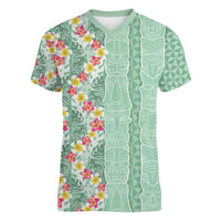 Menthol Green Aloha Hawaii Tiki Women V-Neck T-Shirt Tropical Plumeria - Seamless Style
