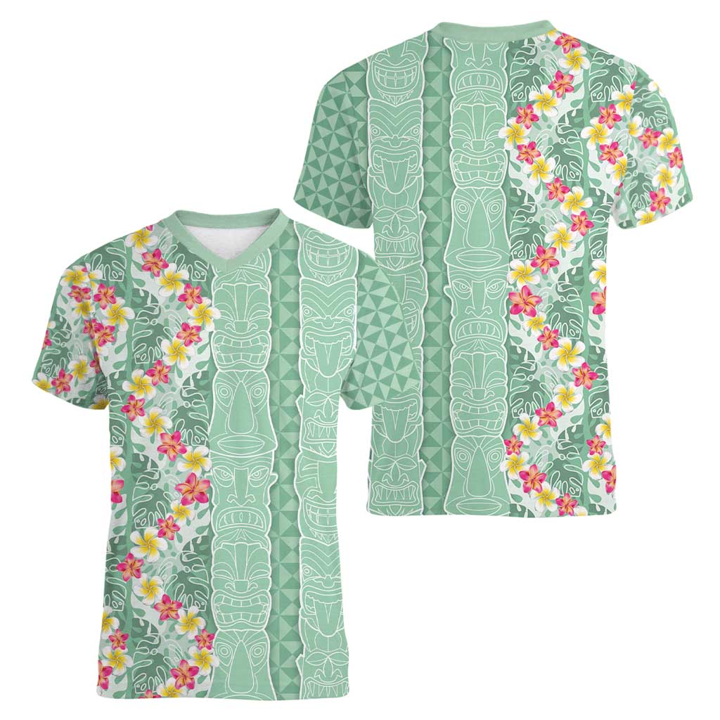 Menthol Green Aloha Hawaii Tiki Women V-Neck T-Shirt Tropical Plumeria - Seamless Style