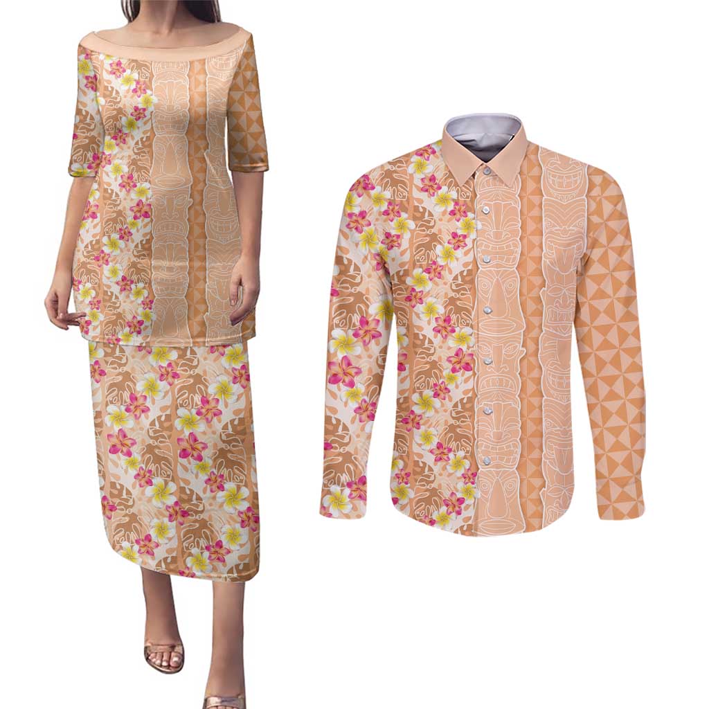 Orange Chiffon Aloha Hawaii Tiki Couples Matching Puletasi and Long Sleeve Button Shirt Tropical Plumeria - Seamless Style