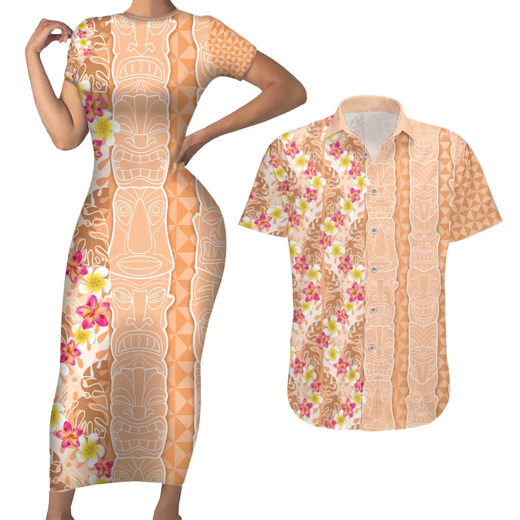 Orange Chiffon Aloha Hawaii Tiki Couples Matching Short Sleeve Bodycon Dress and Hawaiian Shirt Tropical Plumeria - Seamless Style