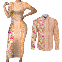 Orange Chiffon Aloha Hawaii Tiki Couples Matching Short Sleeve Bodycon Dress and Long Sleeve Button Shirt Tropical Plumeria - Seamless Style