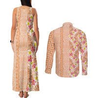 Orange Chiffon Aloha Hawaii Tiki Couples Matching Tank Maxi Dress and Long Sleeve Button Shirt Tropical Plumeria - Seamless Style