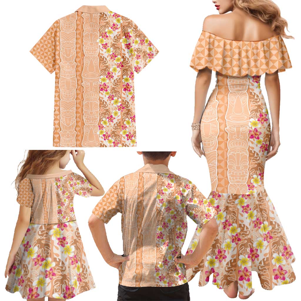 Orange Chiffon Aloha Hawaii Tiki Family Matching Mermaid Dress and Hawaiian Shirt Tropical Plumeria - Seamless Style