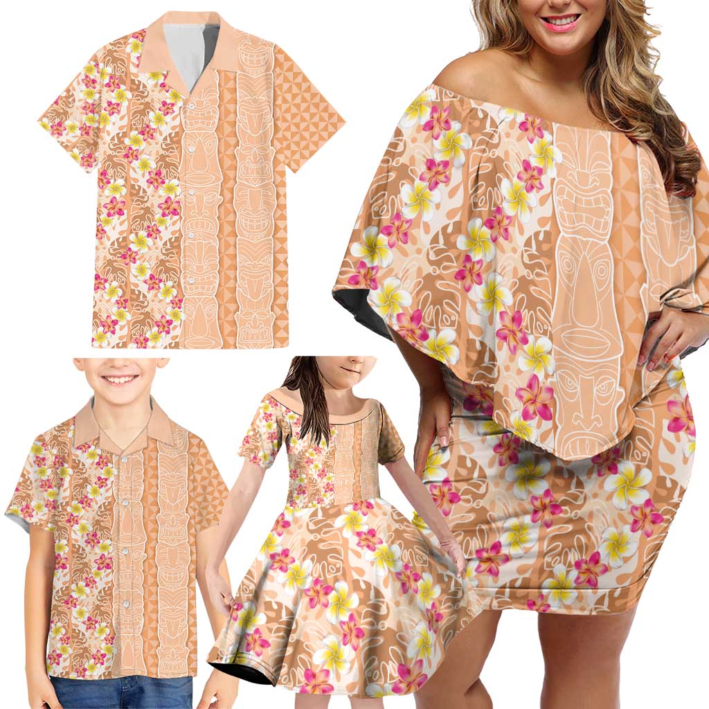 Orange Chiffon Aloha Hawaii Tiki Family Matching Off Shoulder Short Dress and Hawaiian Shirt Tropical Plumeria - Seamless Style