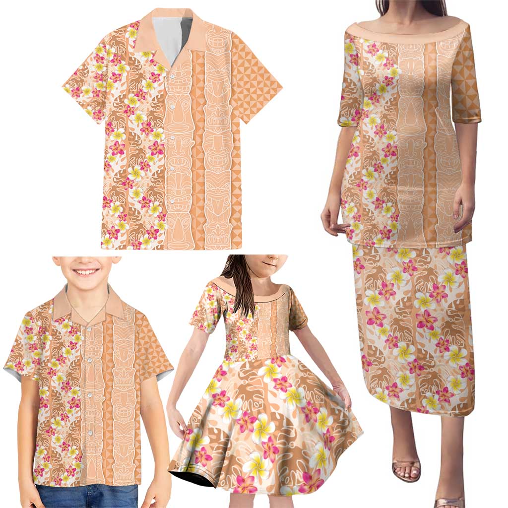 Orange Chiffon Aloha Hawaii Tiki Family Matching Puletasi and Hawaiian Shirt Tropical Plumeria - Seamless Style