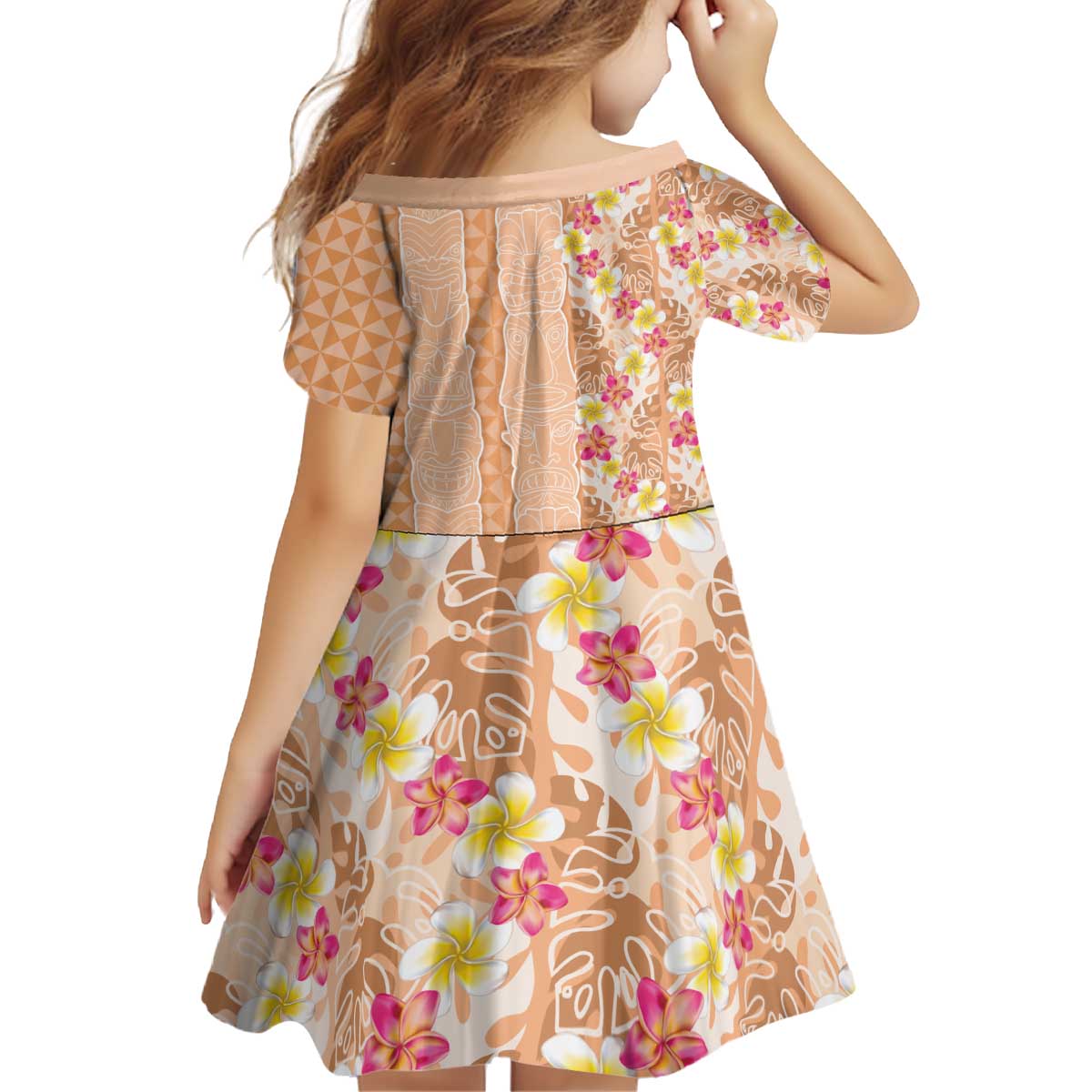 Orange Chiffon Aloha Hawaii Tiki Kid Short Sleeve Dress Tropical Plumeria - Seamless Style