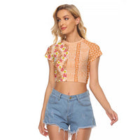 Orange Chiffon Aloha Hawaii Tiki Raglan Cropped T Shirt Tropical Plumeria - Seamless Style