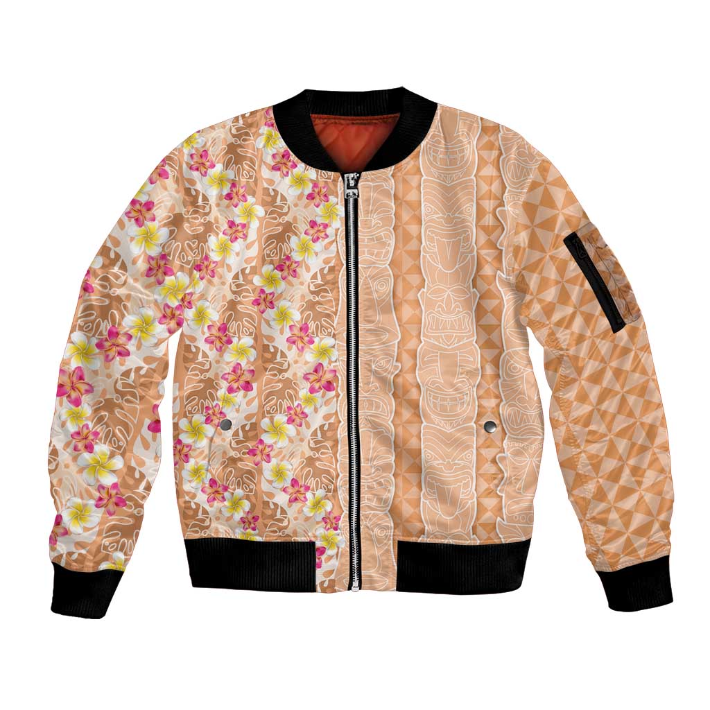 Orange Chiffon Aloha Hawaii Tiki Sleeve Zip Bomber Jacket Tropical Plumeria - Seamless Style