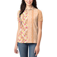 Orange Chiffon Aloha Hawaii Tiki Women Polo Shirt Tropical Plumeria - Seamless Style