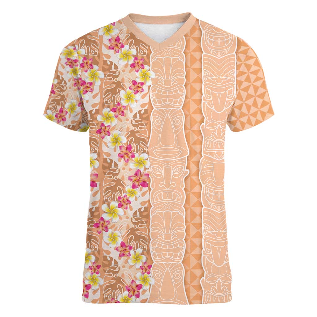 Orange Chiffon Aloha Hawaii Tiki Women V-Neck T-Shirt Tropical Plumeria - Seamless Style