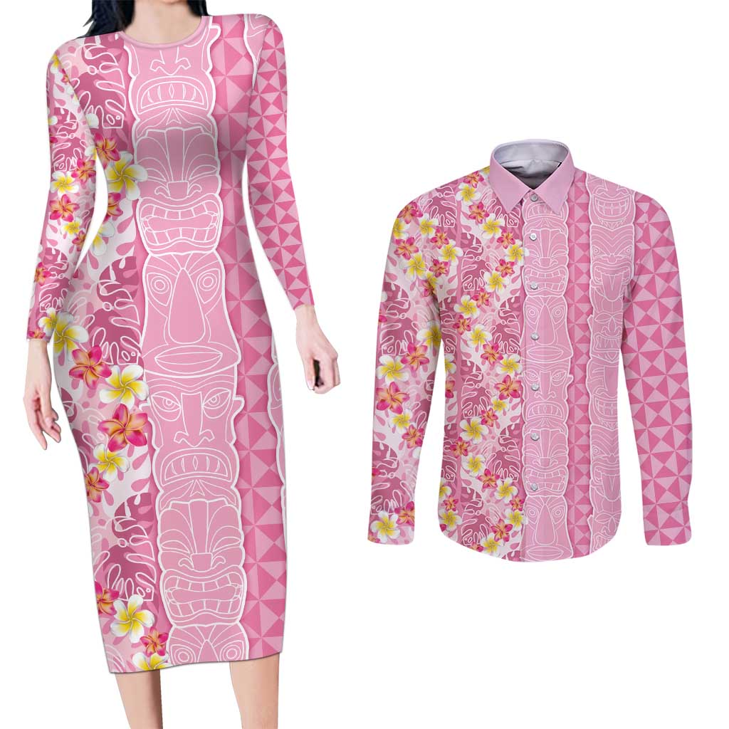 Pastel Magenta Aloha Hawaii Tiki Couples Matching Long Sleeve Bodycon Dress and Long Sleeve Button Shirt Tropical Plumeria - Seamless Style