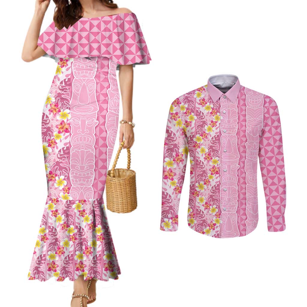 Pastel Magenta Aloha Hawaii Tiki Couples Matching Mermaid Dress and Long Sleeve Button Shirt Tropical Plumeria - Seamless Style