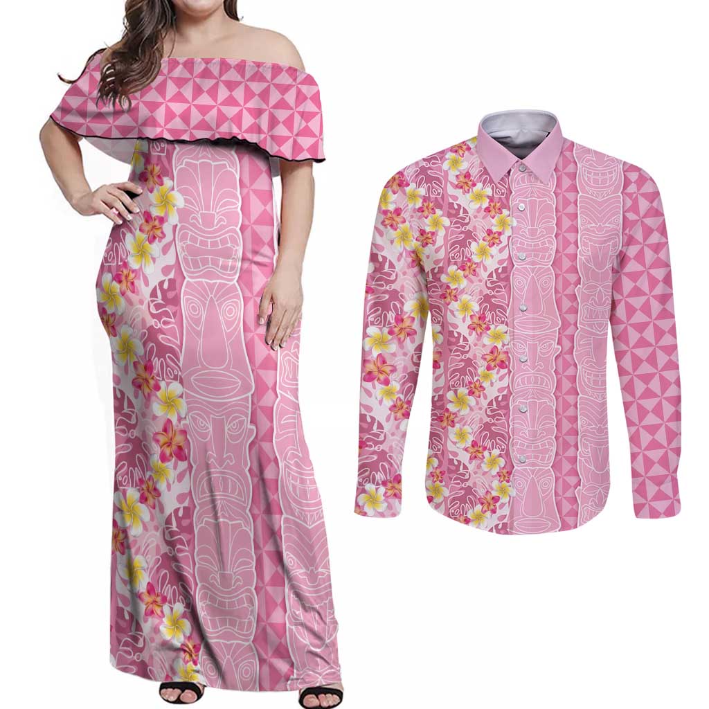 Pastel Magenta Aloha Hawaii Tiki Couples Matching Off Shoulder Maxi Dress and Long Sleeve Button Shirt Tropical Plumeria - Seamless Style