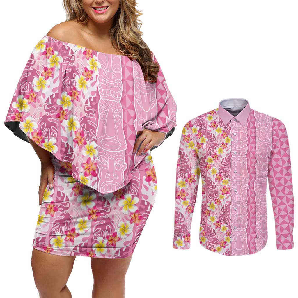 Pastel Magenta Aloha Hawaii Tiki Couples Matching Off Shoulder Short Dress and Long Sleeve Button Shirt Tropical Plumeria - Seamless Style