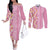 Pastel Magenta Aloha Hawaii Tiki Couples Matching Off The Shoulder Long Sleeve Dress and Long Sleeve Button Shirt Tropical Plumeria - Seamless Style