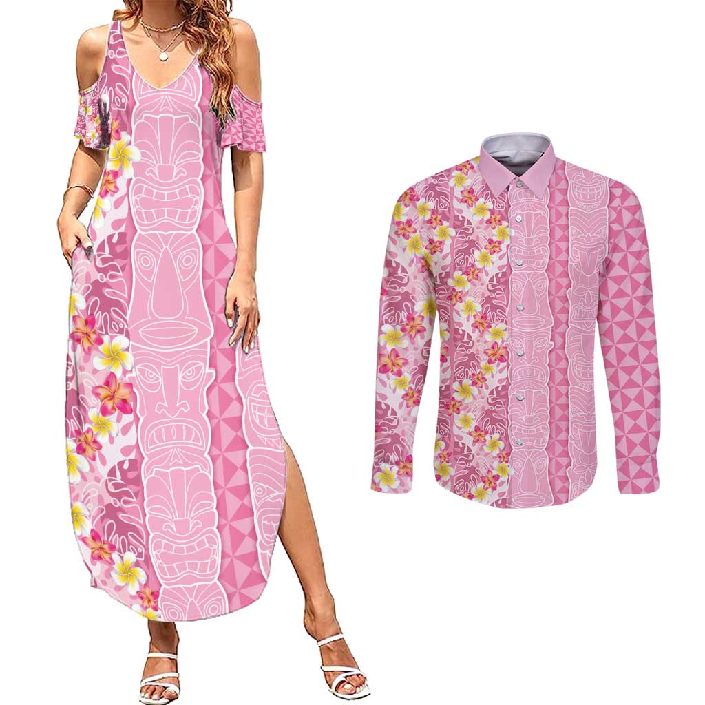 Pastel Magenta Aloha Hawaii Tiki Couples Matching Summer Maxi Dress and Long Sleeve Button Shirt Tropical Plumeria - Seamless Style