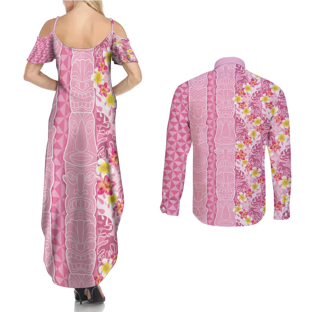 Pastel Magenta Aloha Hawaii Tiki Couples Matching Summer Maxi Dress and Long Sleeve Button Shirt Tropical Plumeria - Seamless Style