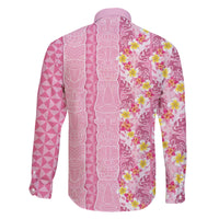 Pastel Magenta Aloha Hawaii Tiki Family Matching Off The Shoulder Long Sleeve Dress and Hawaiian Shirt Tropical Plumeria - Seamless Style