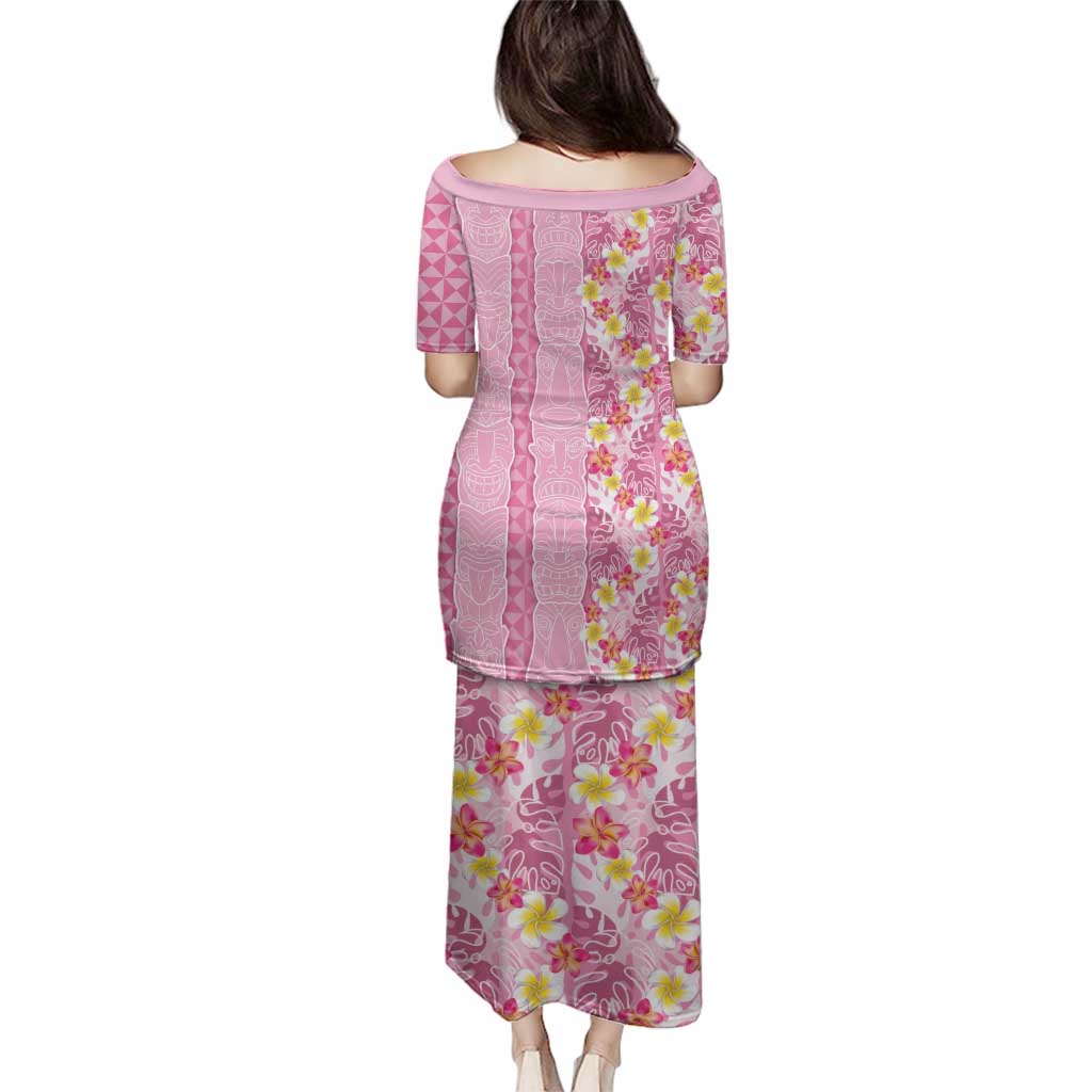Pastel Magenta Aloha Hawaii Tiki Family Matching Puletasi and Hawaiian Shirt Tropical Plumeria - Seamless Style