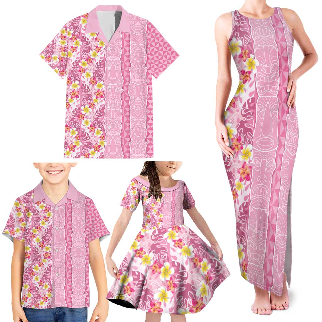 Pastel Magenta Aloha Hawaii Tiki Family Matching Tank Maxi Dress and Hawaiian Shirt Tropical Plumeria - Seamless Style
