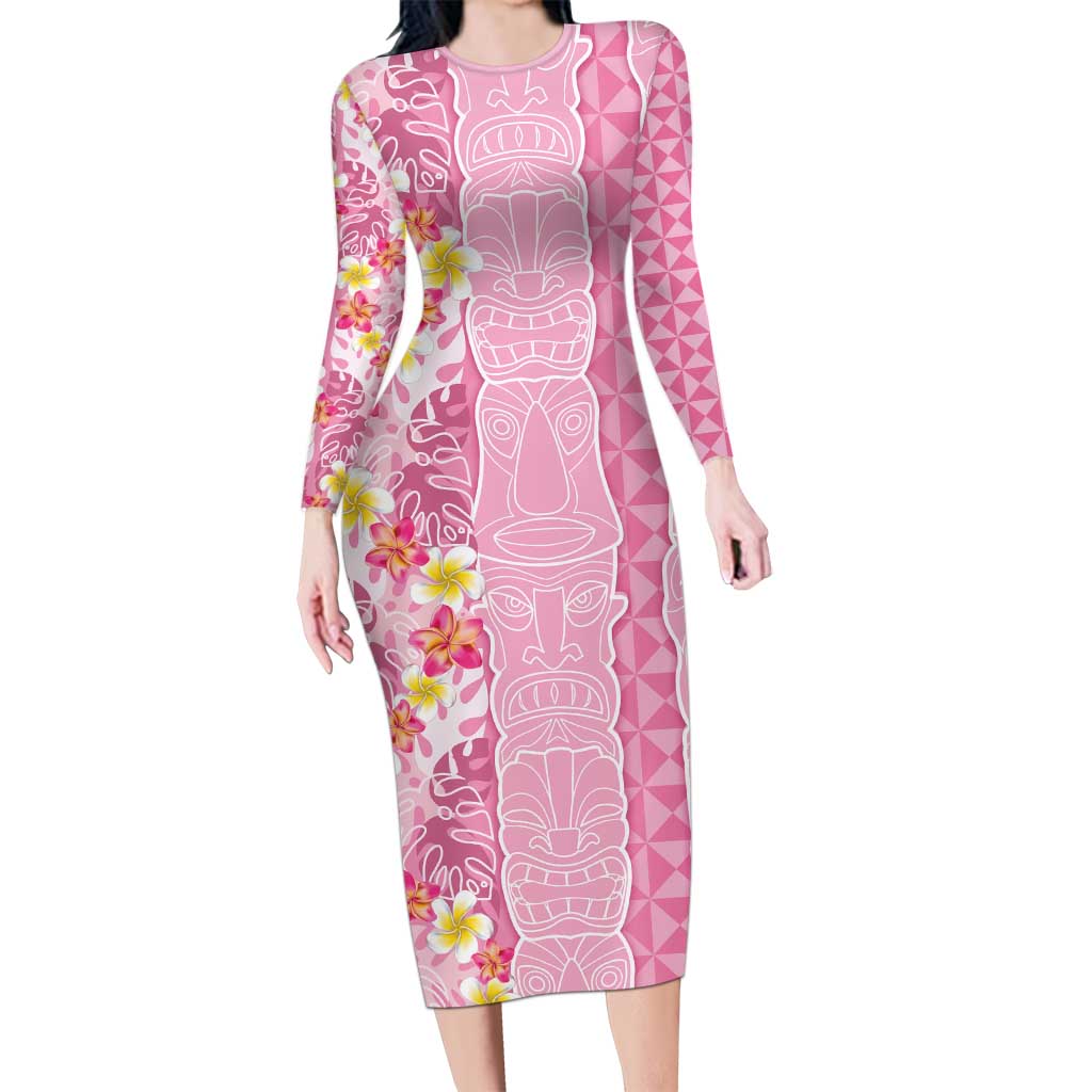 Pastel Magenta Aloha Hawaii Tiki Long Sleeve Bodycon Dress Tropical Plumeria - Seamless Style