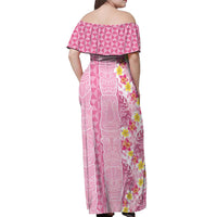 Pastel Magenta Aloha Hawaii Tiki Off Shoulder Maxi Dress Tropical Plumeria - Seamless Style