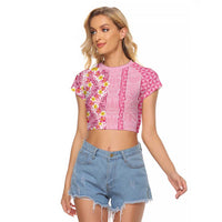 Pastel Magenta Aloha Hawaii Tiki Raglan Cropped T Shirt Tropical Plumeria - Seamless Style