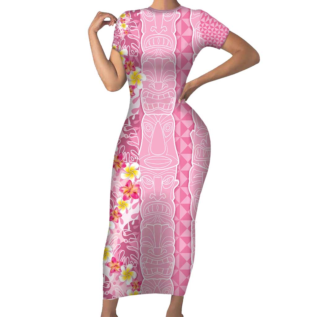 Pastel Magenta Aloha Hawaii Tiki Short Sleeve Bodycon Dress Tropical Plumeria - Seamless Style