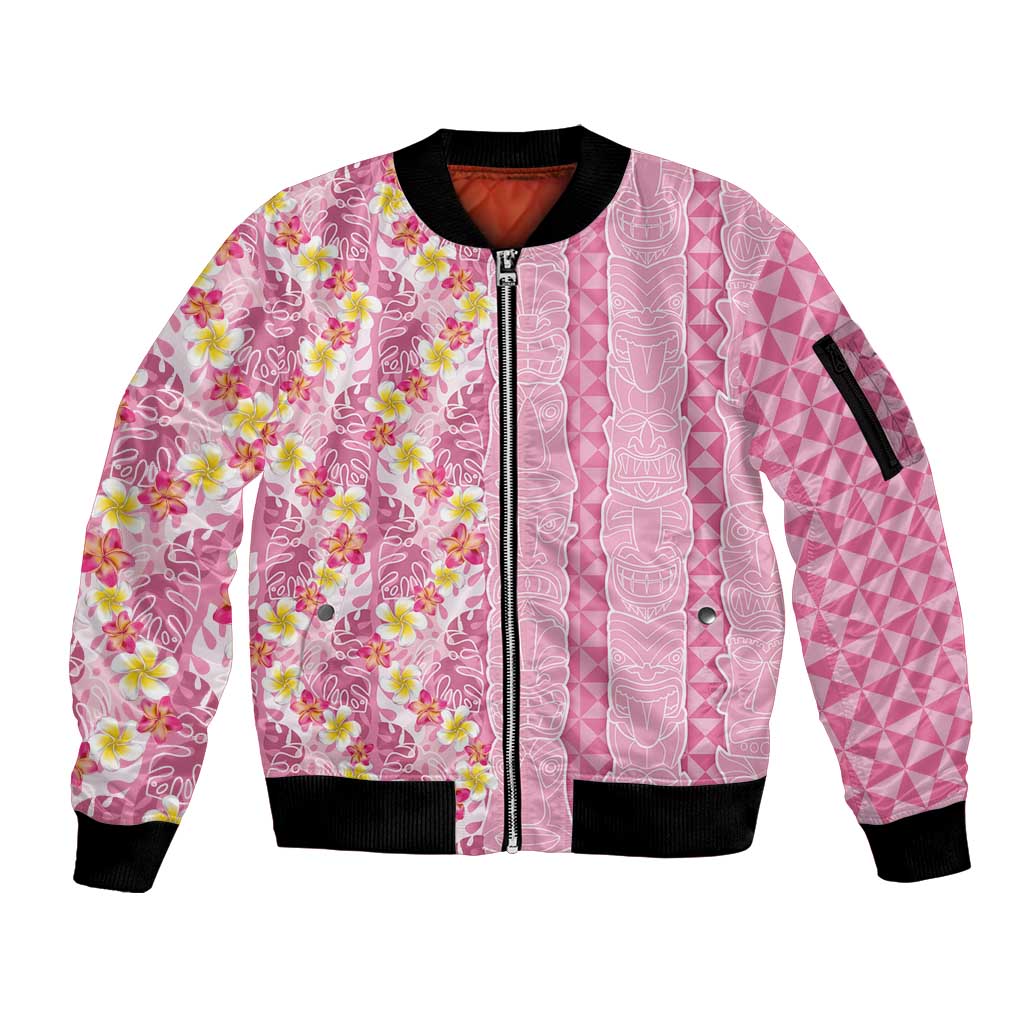 Pastel Magenta Aloha Hawaii Tiki Sleeve Zip Bomber Jacket Tropical Plumeria - Seamless Style