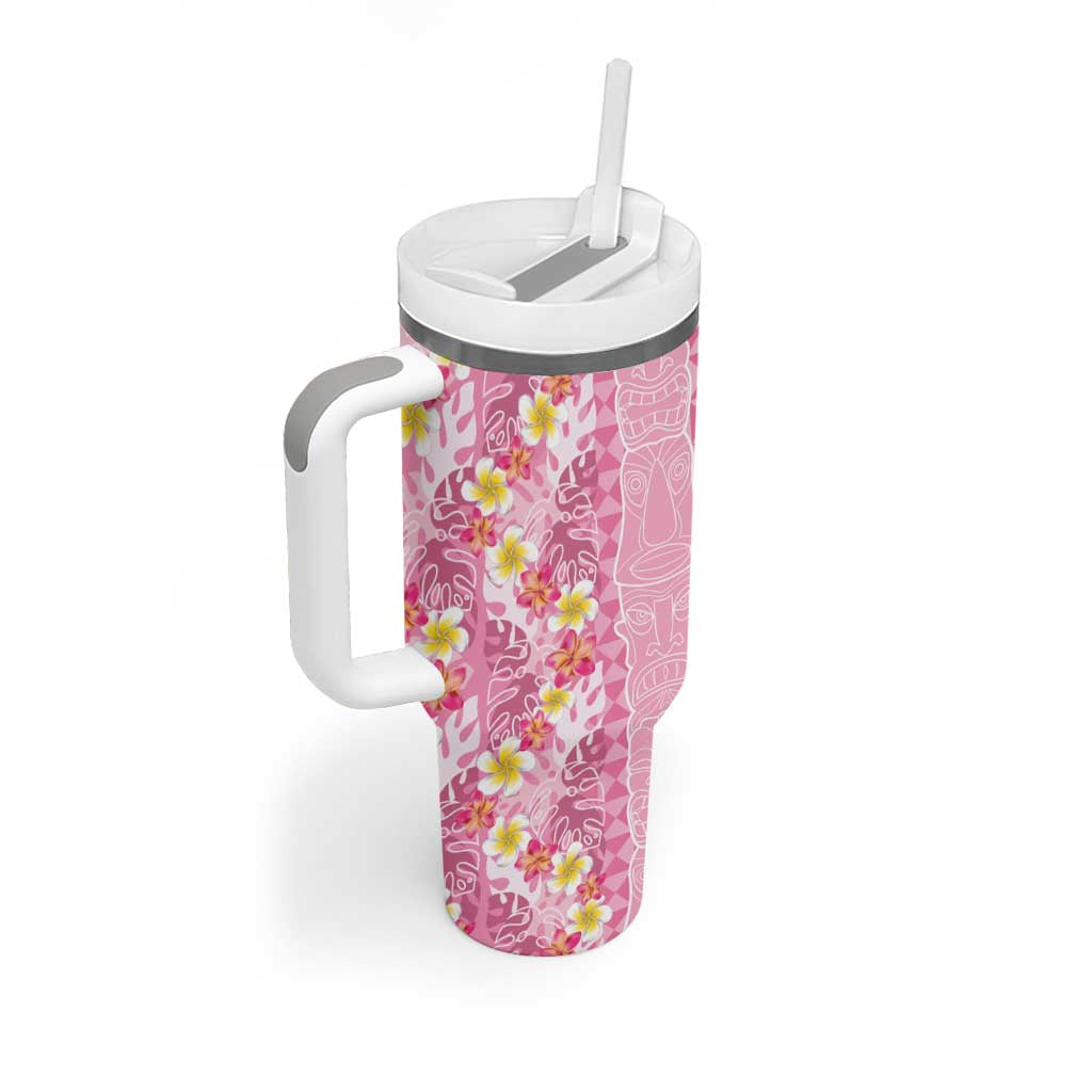 Pastel Magenta Aloha Hawaii Tiki Tumbler With Handle Tropical Plumeria - Seamless Style