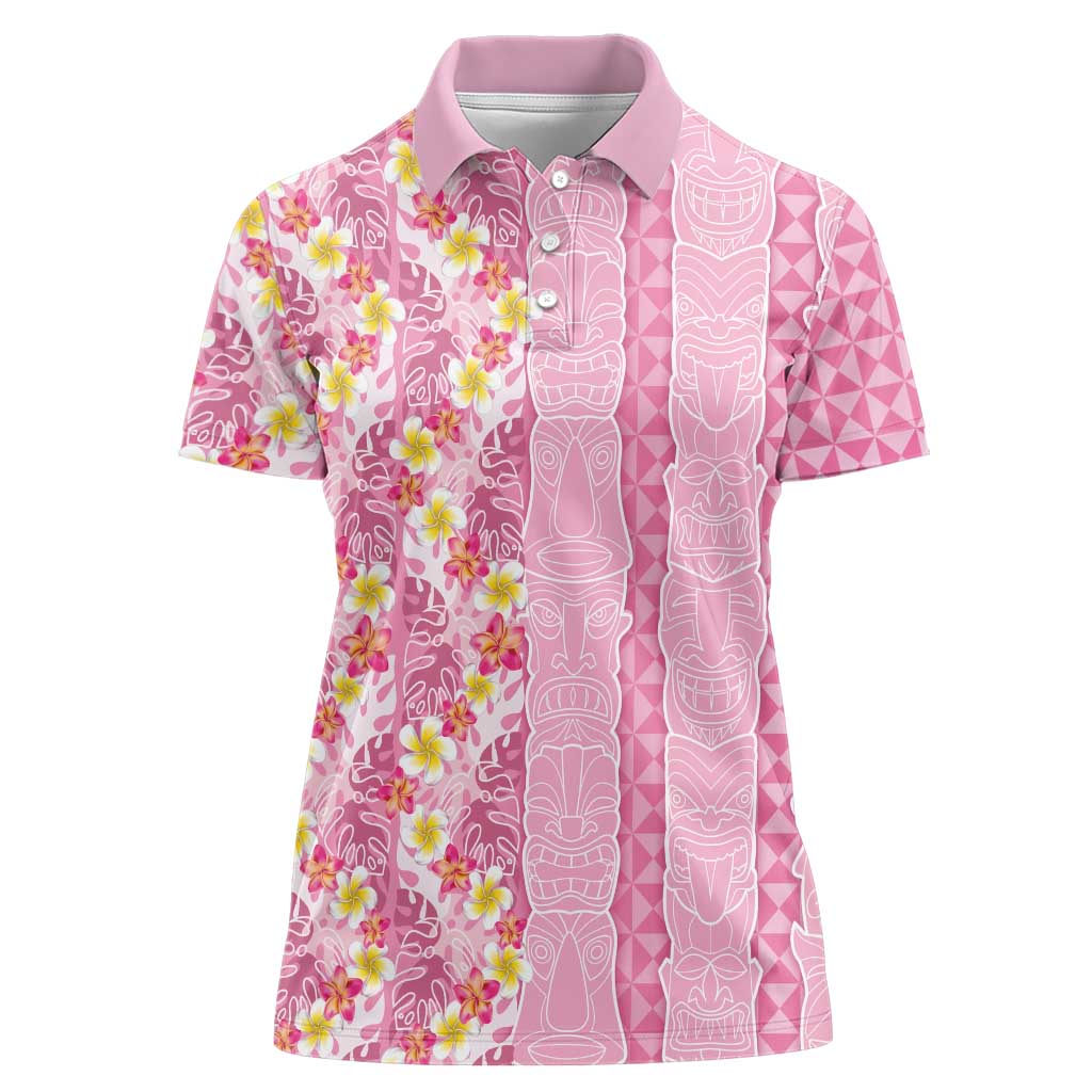 Pastel Magenta Aloha Hawaii Tiki Women Polo Shirt Tropical Plumeria - Seamless Style