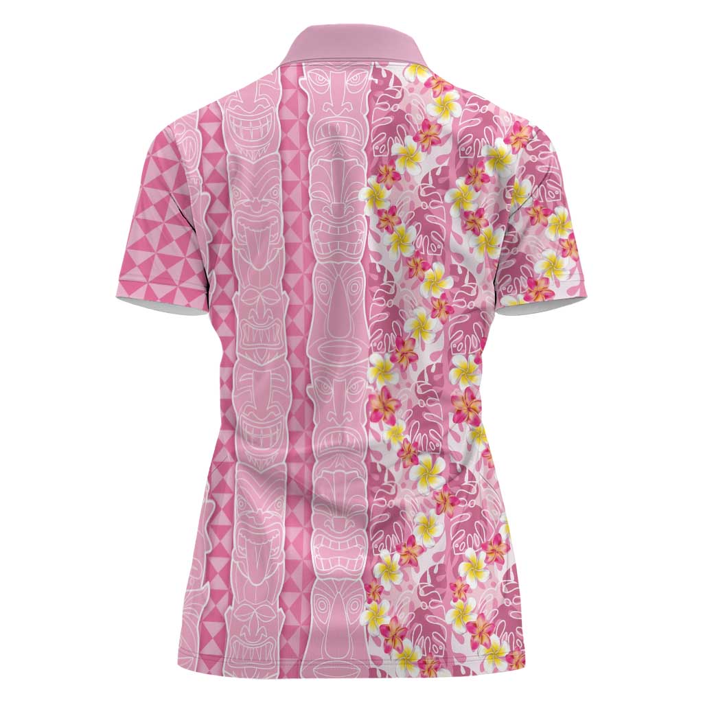 Pastel Magenta Aloha Hawaii Tiki Women Polo Shirt Tropical Plumeria - Seamless Style