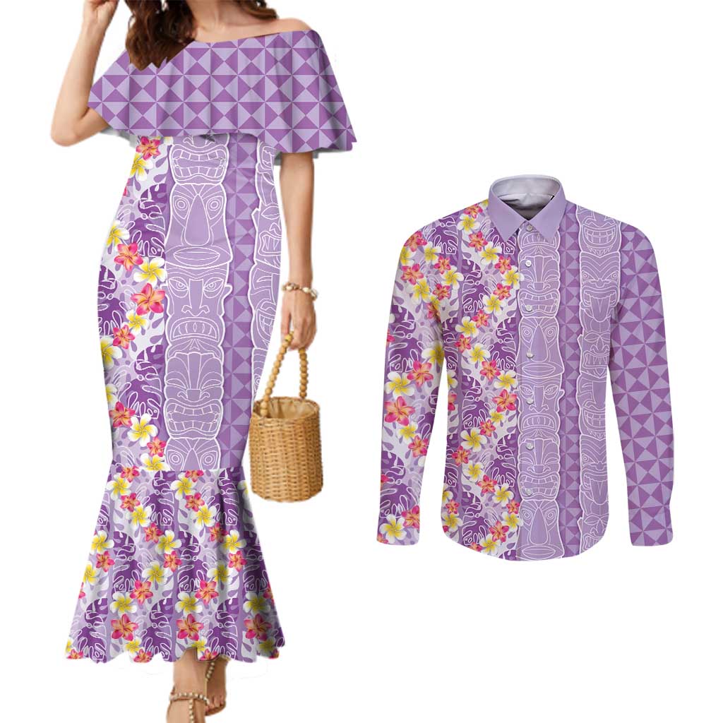 Lush Lilac Aloha Hawaii Tiki Couples Matching Mermaid Dress and Long Sleeve Button Shirt Tropical Plumeria - Seamless Style