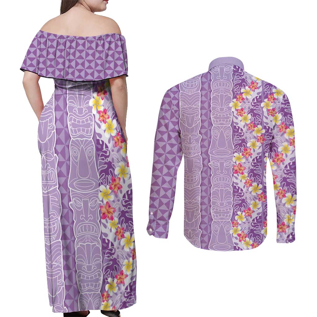 Lush Lilac Aloha Hawaii Tiki Couples Matching Off Shoulder Maxi Dress and Long Sleeve Button Shirt Tropical Plumeria - Seamless Style
