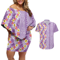 Lush Lilac Aloha Hawaii Tiki Couples Matching Off Shoulder Short Dress and Hawaiian Shirt Tropical Plumeria - Seamless Style